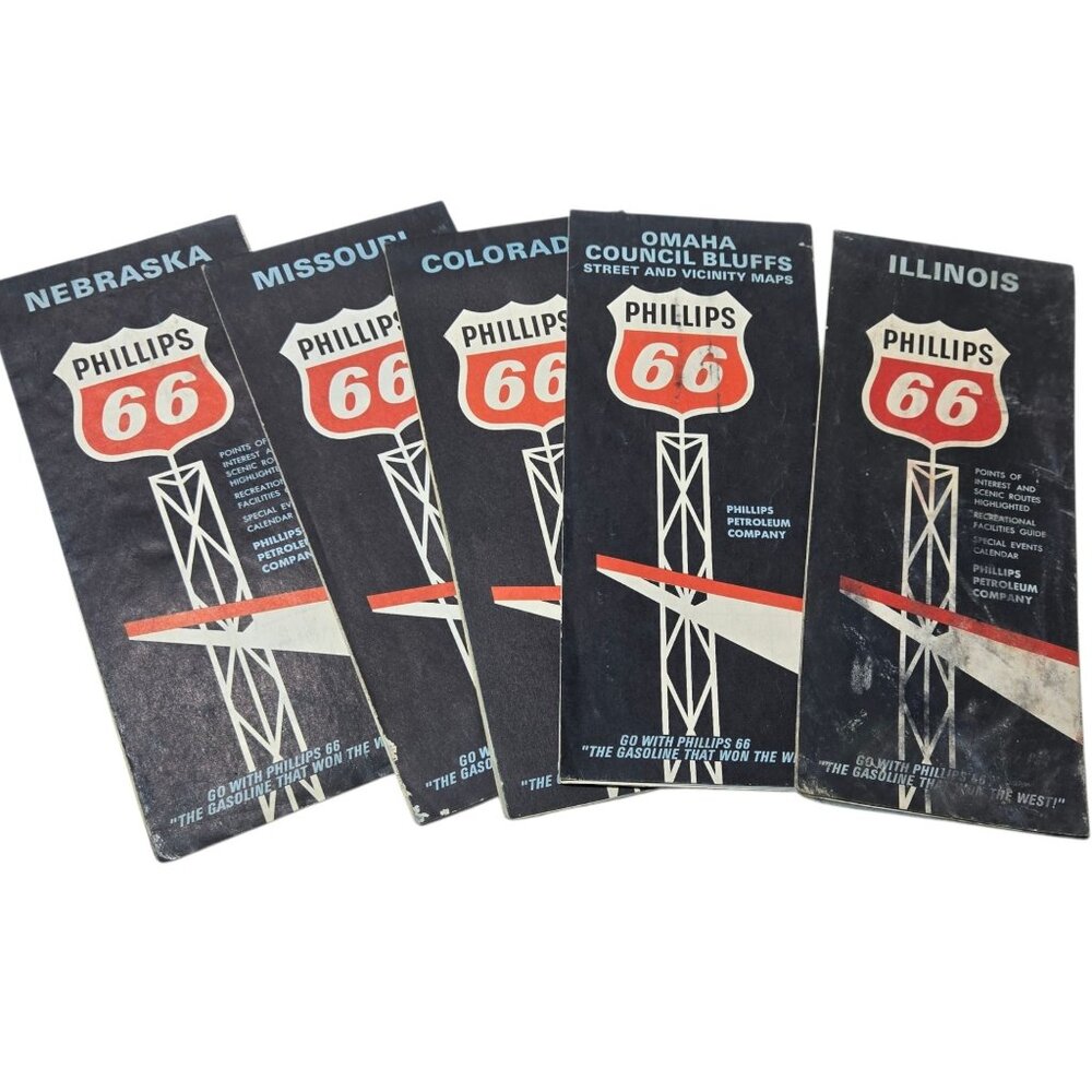 Vintage Phillips 66 Road Maps Nebraska Missouri Colorado Omaha Illinois Lot of 5